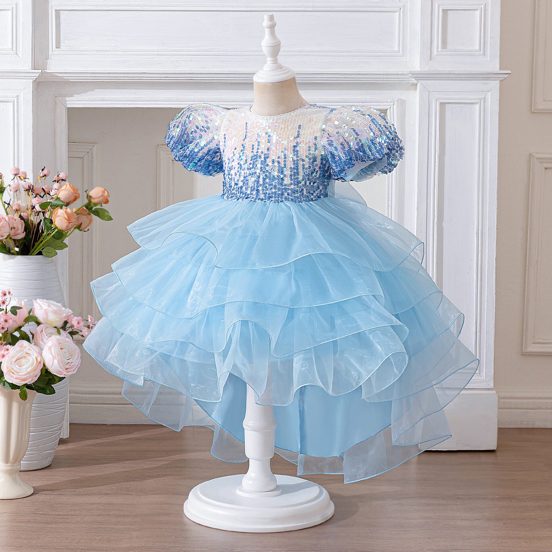 女童前短后长拖尾礼服渐变亮片公主裙裙生日六一主持走秀演出裙夏