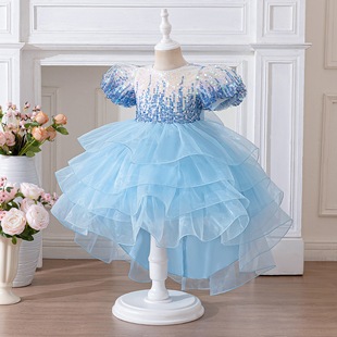 女童前短后长拖尾礼服渐变亮片公主裙裙生日六一主持走秀演出裙夏