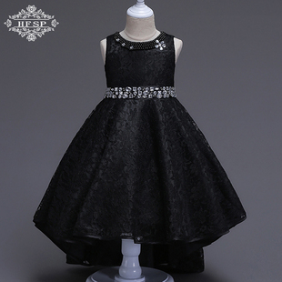 女童礼服裙拖尾走秀黑色服女童公主裙中大女童钢琴演出主持礼服裙