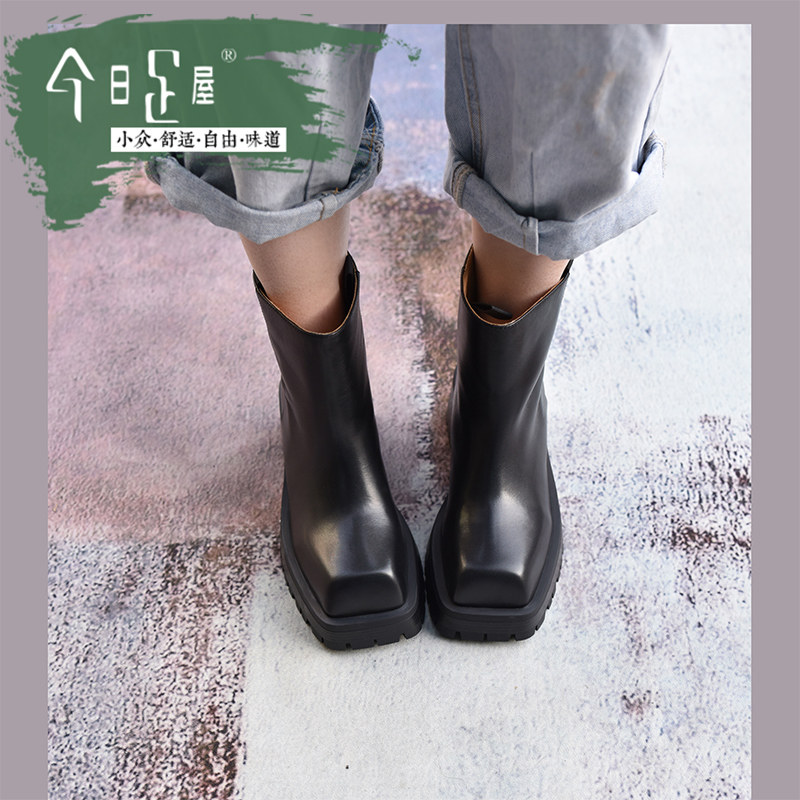 【实体清仓】方头厚底时装靴银奶牛皮粗跟套脚骑士靴女223055