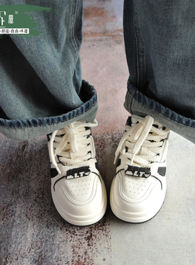厚底熊猫配色系带面包鞋新款羊皮垫脚滑板鞋高底休闲鞋女253010