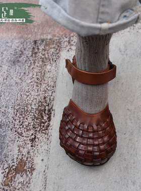 复古手工编织包头凉鞋女真皮平底镂空透气罗马大头猪笼鞋241001