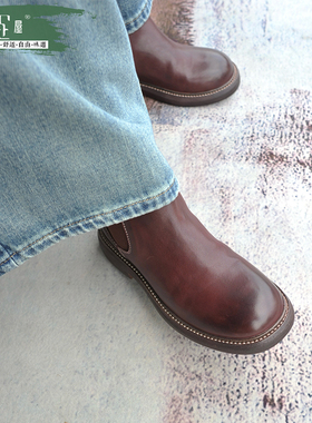 安格拉红水洗马皮平底切尔西靴舒适百搭复古潮流做旧马丁靴243020