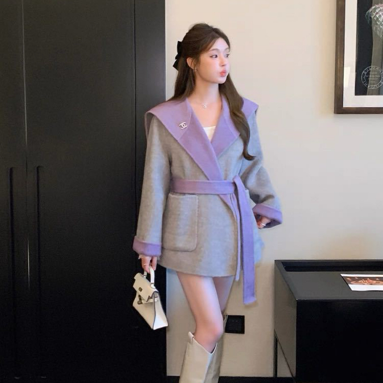 小香风灰色双面羊绒大衣女2025新款冬小个子羊毛短款毛呢西装外套