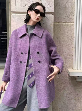 高级感紫色双面羊绒大衣女中长款2026秋冬新款小个子羊驼毛呢外套