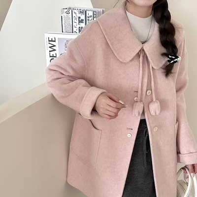 甜美娃娃领双面羊毛外套女款2025秋冬新款羊绒大衣斗篷式宽松韩版