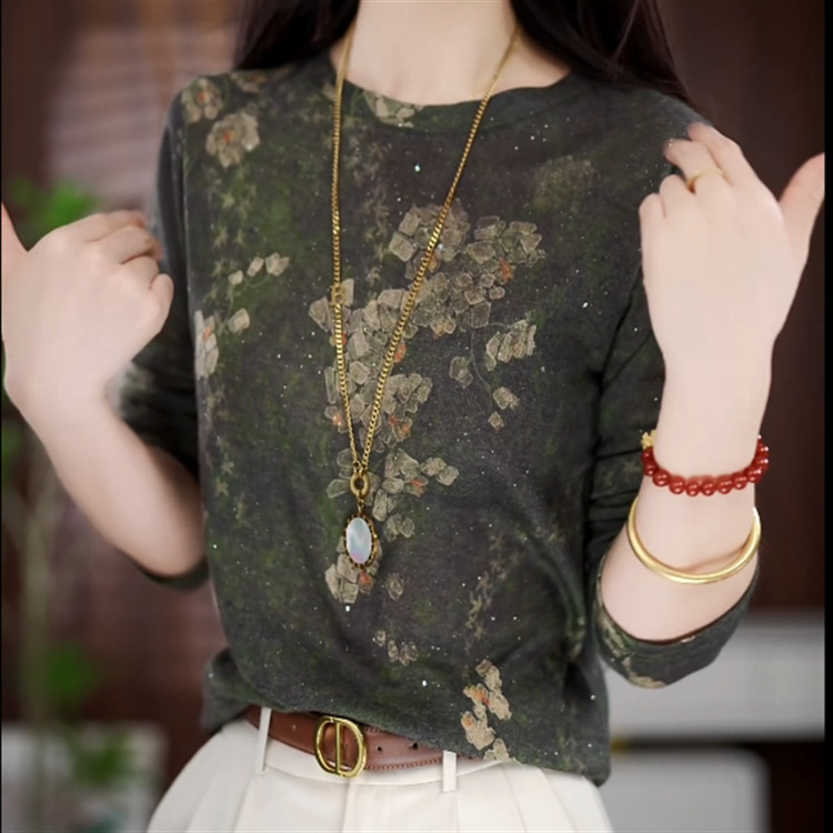 直播爆款2025春秋季新款圆领印花打底衫长袖t恤女士上衣