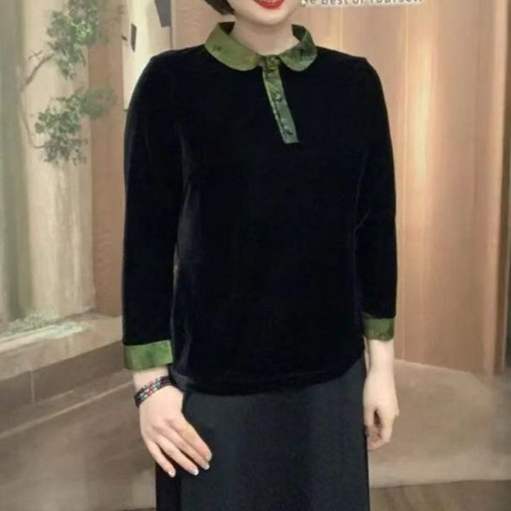 爆款2026春秋季翻领金丝绒长袖t恤女上衣妈妈装打底小衫