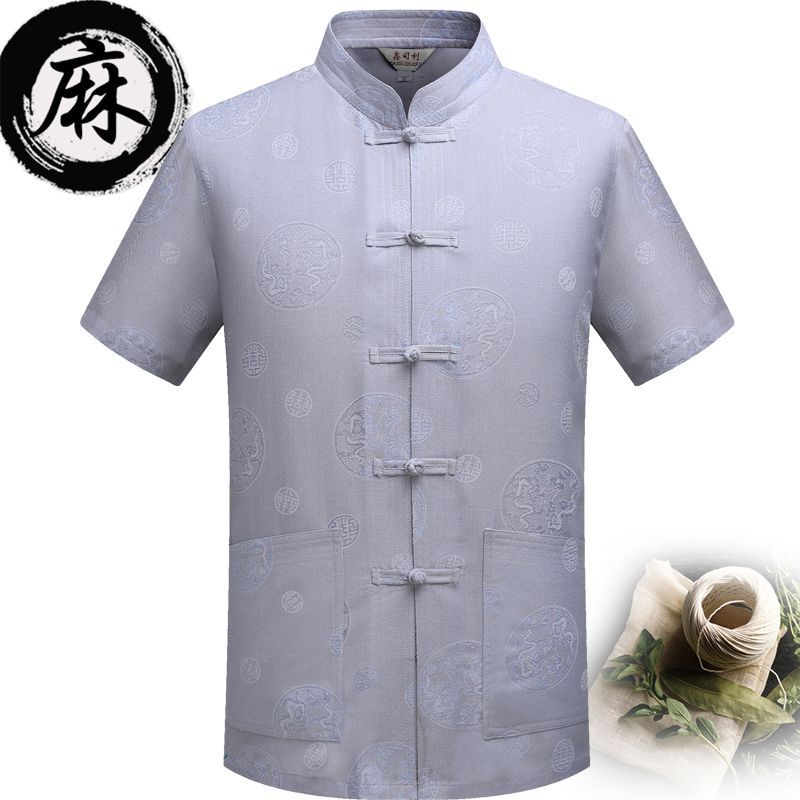 夏季唐装男短袖上衣中老年人爸爸装棉麻汉服中式衣服爷爷衬衫