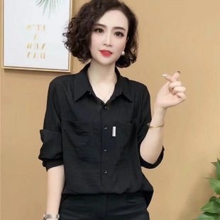 休闲纯色上衣 2024年翻领衬衫 夏季 女士百搭显瘦宽松大码 七分袖