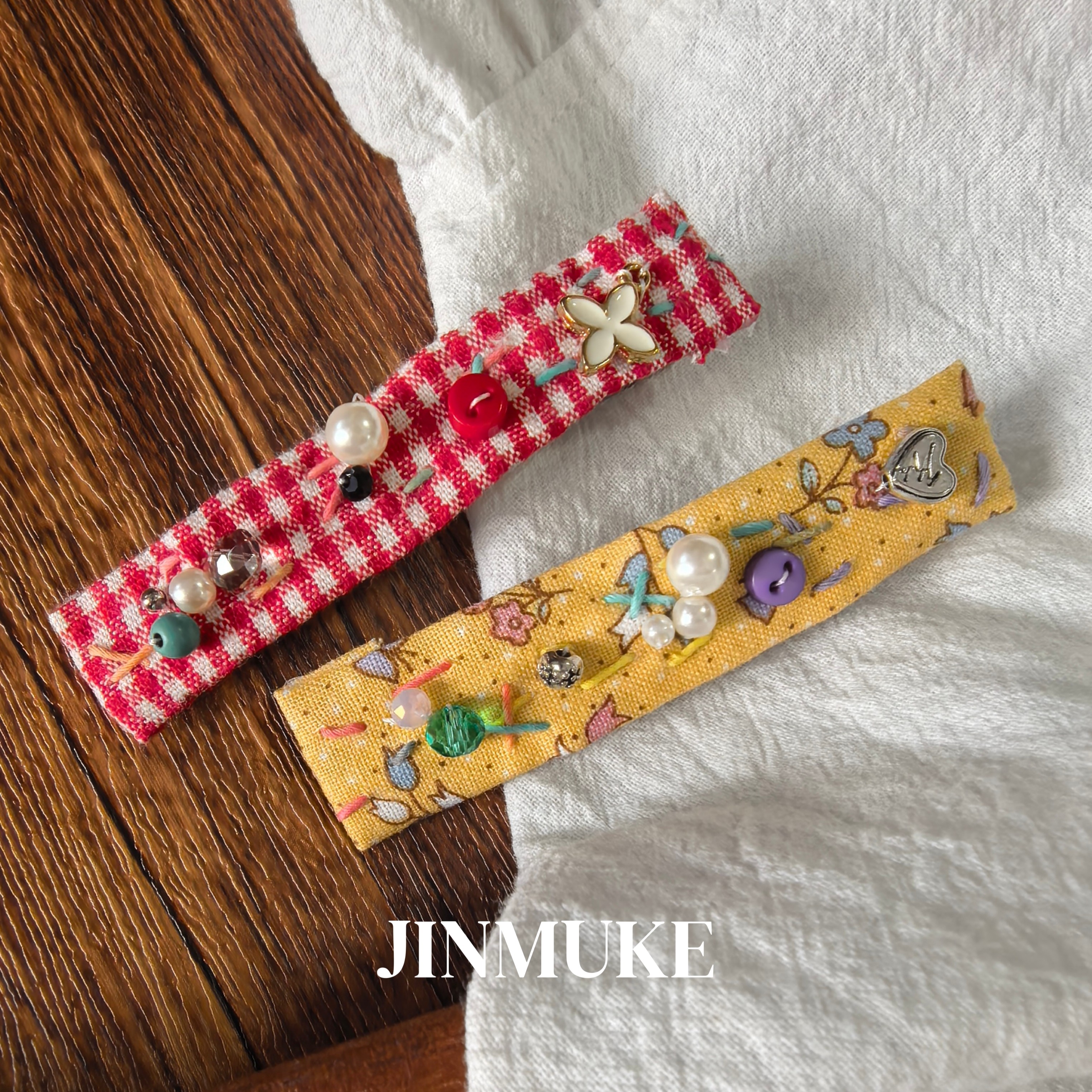 JINMUKE韩国进口发饰头饰气质布艺手工串珠格子发夹边夹新品