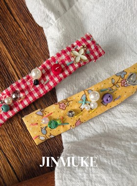 JINMUKE韩国进口发饰头饰气质布艺手工串珠格子发夹边夹新品