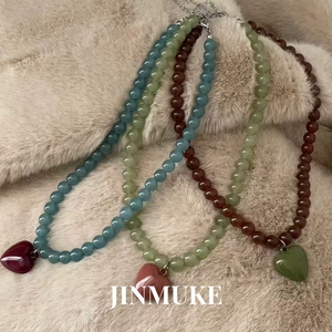 JINMUKE韩国进口首饰品新款气质百搭秋冬彩色串珠爱心项链锁骨链