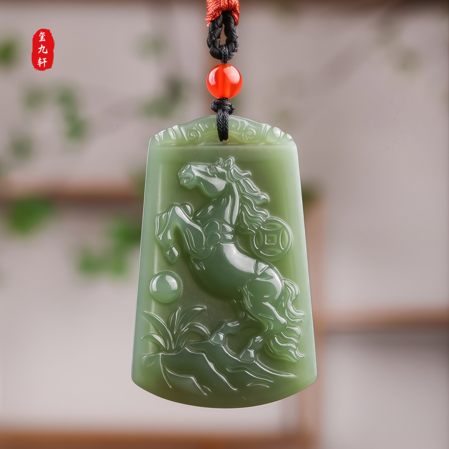 天然和田玉湖水绿十二生肖马吊坠