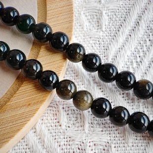 8mm天然黑曜石金色圆珠散珠手工diy手链项链饰品配件材料6 10mm