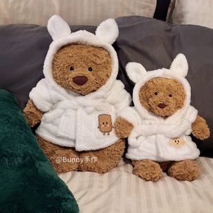 原创手作巴塞罗熊睡袍秋冬新品 白色毛绒绒浴袍戴帽兔耳朵可爱浴袍