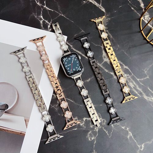 适用iwatch10镶钻四叶草金属链细