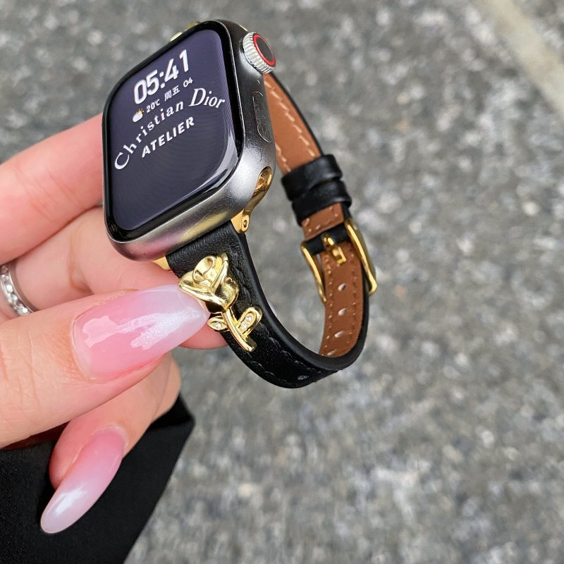 适用s11苹果手表玫瑰金真皮表带iwatch987细款小米8/9pro华为Fit4