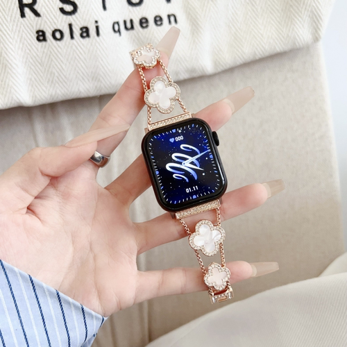 适用iWatch表带小香风四叶草镶钻