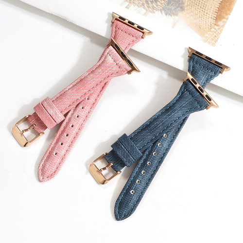 适用s10手表带牛仔绒布真皮腕带