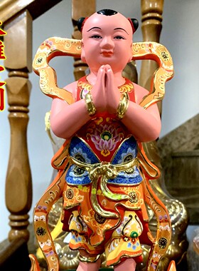 香樟木雕观音童子像家用供奉善财童子龙女实木精工彩绘左右护法