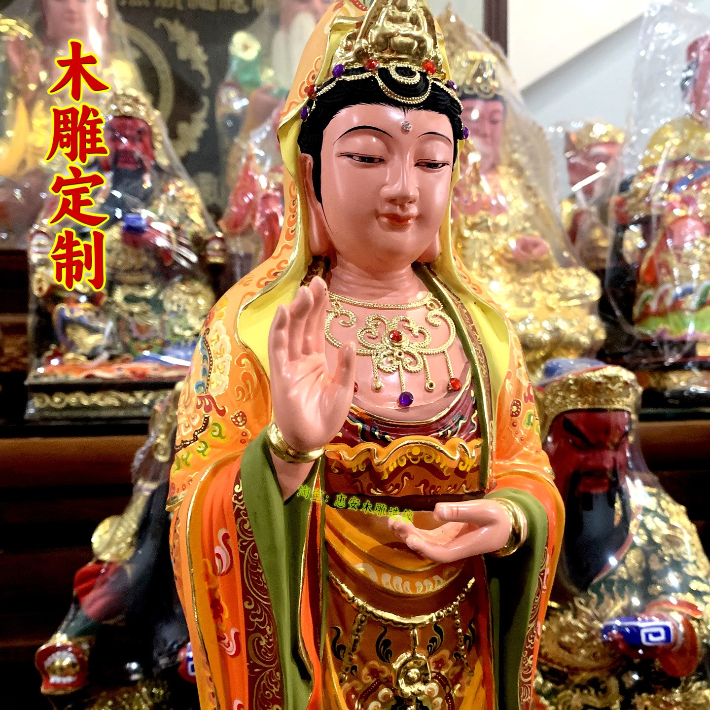 香樟木彩绘贴金南海观音站姿佛像寺庙佛堂家用供奉神像精工彩绘