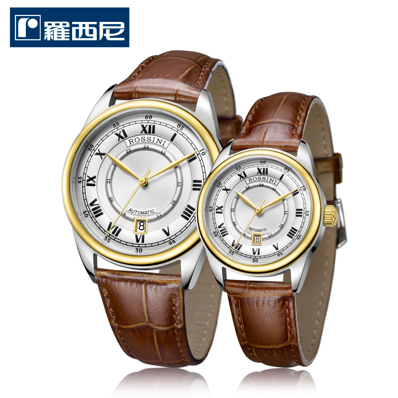 罗西尼5663/5664T01C日历复古防水特价自动机械情侣表全国联保