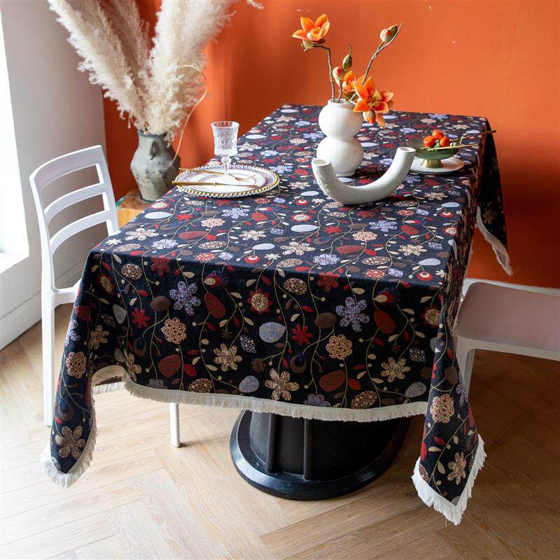 深色花朵加厚餐桌布耐脏黑色织台布艺花边野餐桌垫盖布