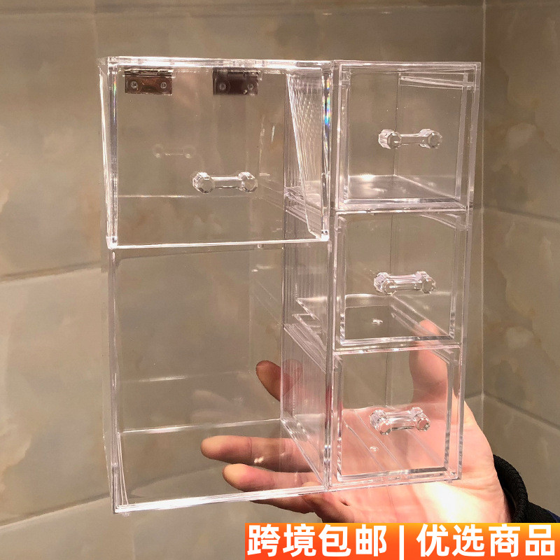 桌面新款多功能化妆刷收纳盒粉扑整理盒透明棉签盒耳环项链收纳盒
