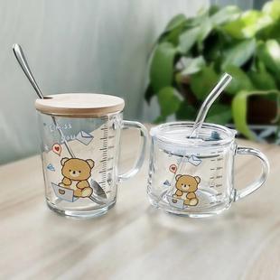 ins玻璃杯卡通印花吸管杯加盖勺刻度可爱牛奶杯早餐杯礼物印