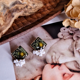 黛绿|花植手作 百搭复古方形真花植物原创设计米珠耳饰耳夹