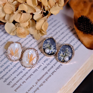 鎏金油画|真花植物原创手作耳饰淡水珍珠14k银镀金 花植手作