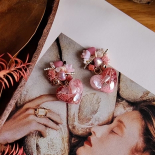 桃桃乌龙|花植手作 永生花原创设计耳钉耳夹心形复古琉璃珠