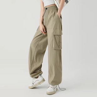 裤 春夏款 抽绳束脚直筒工装 宽松休闲速干运动裤 女 多巴胺高腰直筒裤