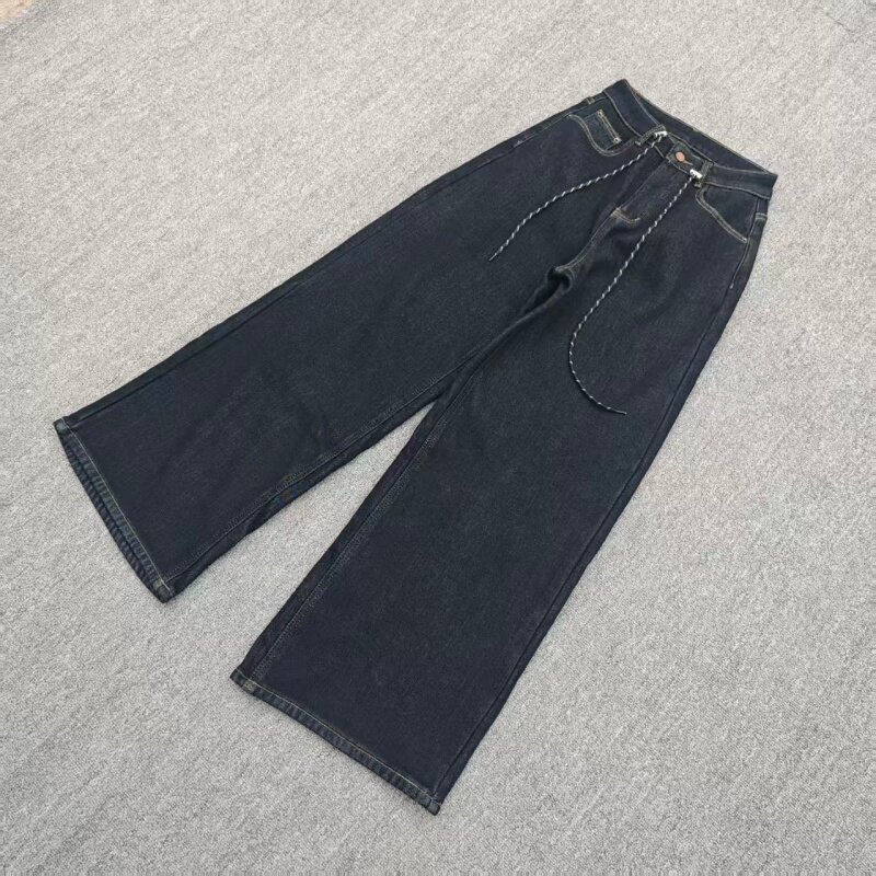 秋冬厚实加绒加厚保暖弹力阔腿裤高腰大码宽松系带绳直筒牛仔裤女