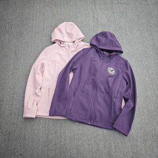 欧美单秋冬款 百搭加绒防风连帽软壳衣轻便防水户外休闲冲锋外套女