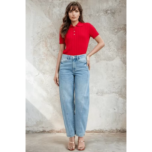 春秋高腰棉弹大码牛仔弯刀萝卜裤