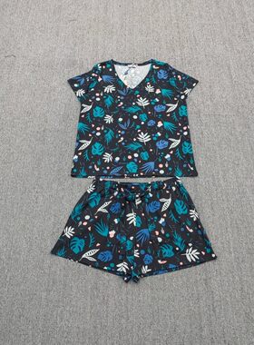 春夏V领PM棉套头碎花居家套装