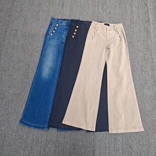 加长裤 美单春秋弹力窄版 女大码 水洗磨白宽边阔腿裤 排扣微喇牛仔裤