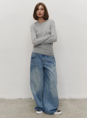 德国ANN秋冬新品高腰纯棉宽松直筒牛仔裤做旧磨白阔腿长裤女裤