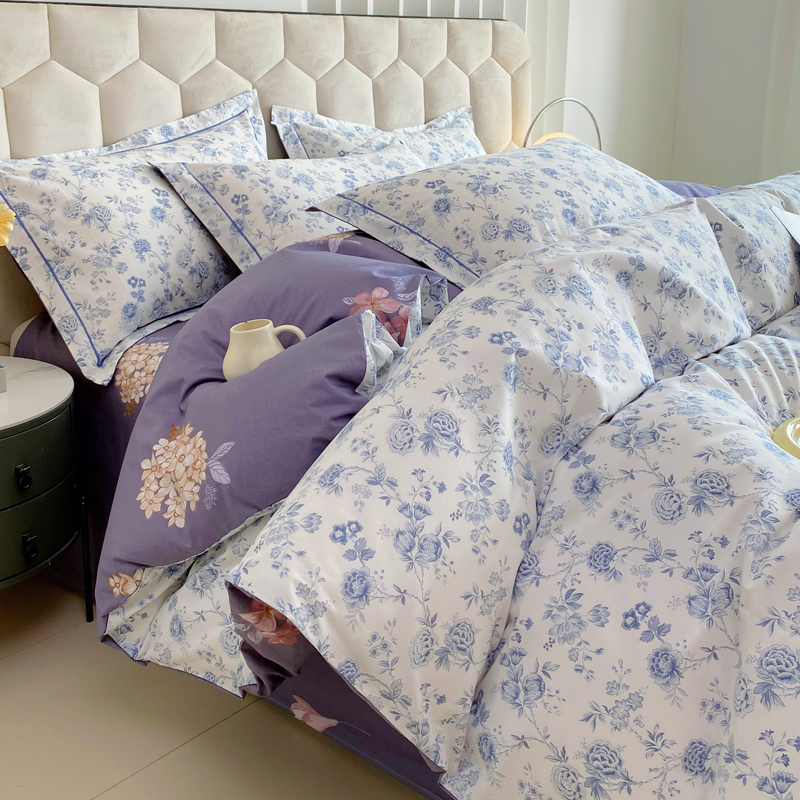 全棉美式蓝色小清新碎花被套单件100纯棉田园风200x230单双人被罩