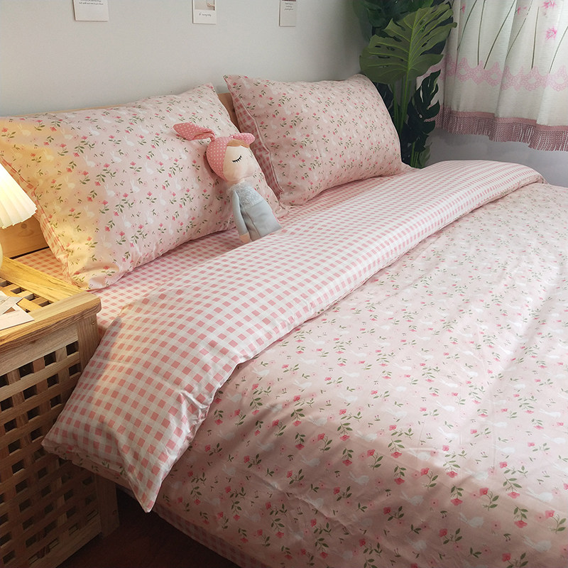 全棉小清新兔子三件套床上用品纯棉网红田园小碎花被套床单四件套