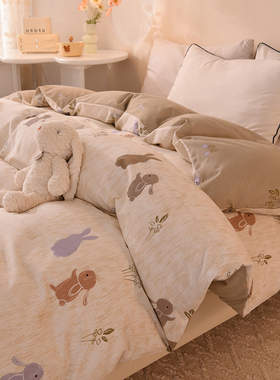 全棉加厚保暖磨毛被套单件100纯棉ins田园风小兔子单双人卡通被罩