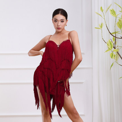 歌瑞亚拉丁舞服女成人新款吊带流苏露背连体长裙艺考训练表演出服