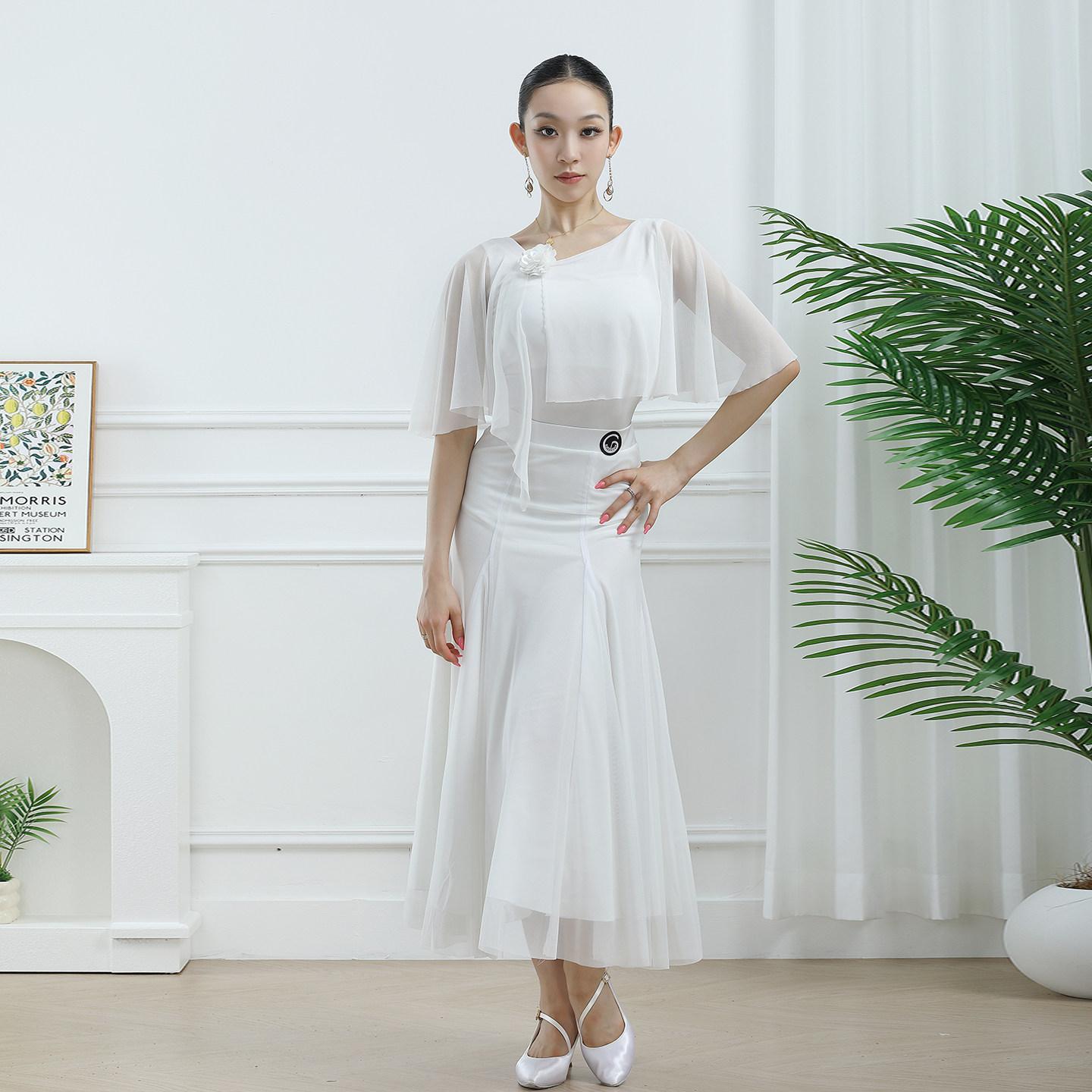 歌瑞亚标准舞摩登舞服女成人夏斜领飘纱上衣垂感网纱裙训练表演服