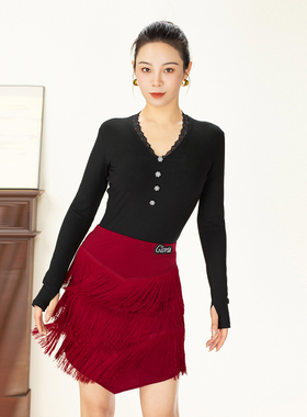 歌瑞亚拉丁舞广场舞服女成人新款V领螺纹长袖连档上衣练习功表演