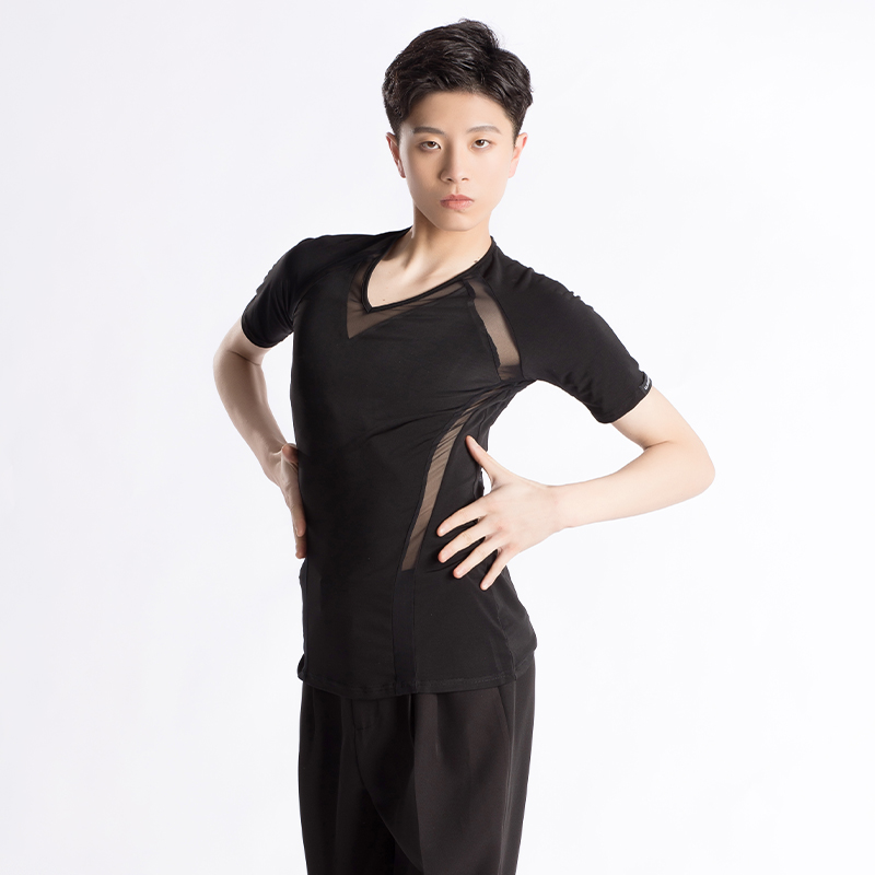 歌瑞亚男成人舞蹈服V领短袖网纱