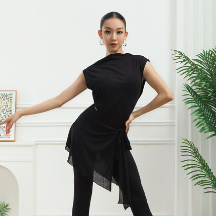 歌瑞亚拉丁舞服女夏季新款小圆领无袖系带上衣训练习功服表演出服