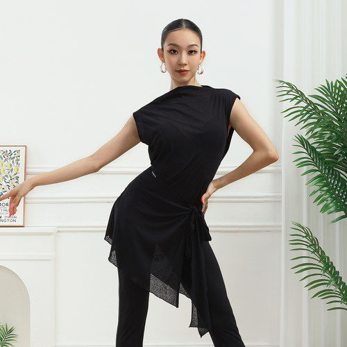 歌瑞亚拉丁舞服女夏季新款小圆领无袖系带上衣训练习功服表演出服