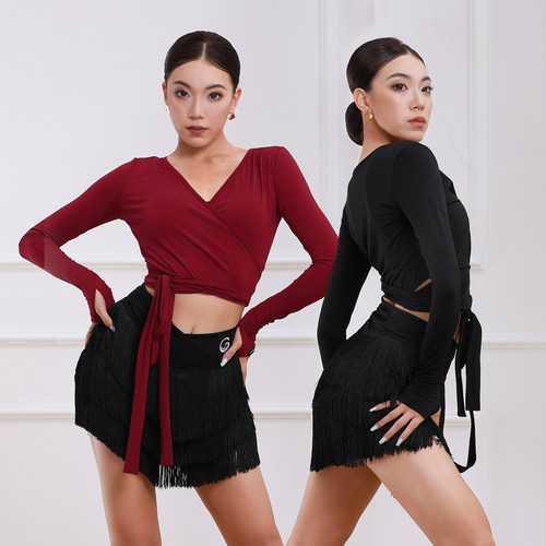 歌瑞亚拉丁舞女成人四季新款V领长袖绑带开衫短上衣艺考表演服
